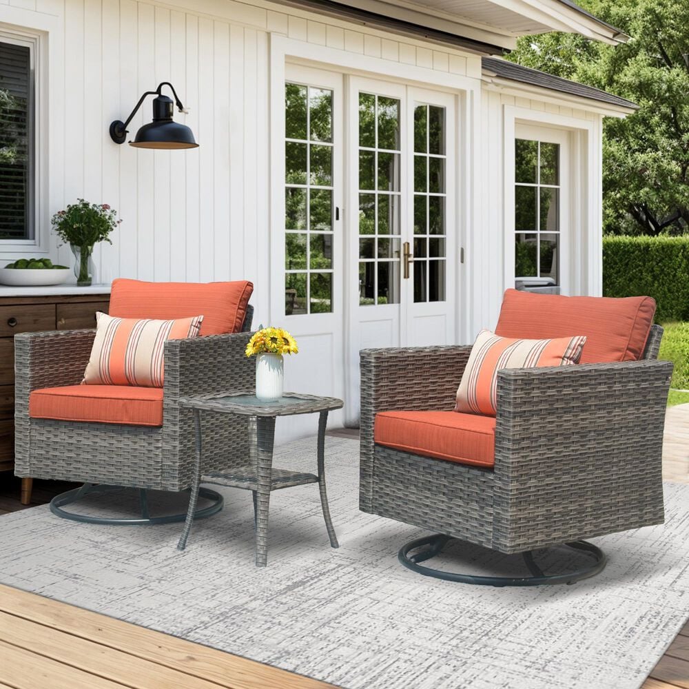 HOMLUX 3-Piece Patio Conversation Set with Square-Arm Swivel Rocking Chairs in Orange, , large
