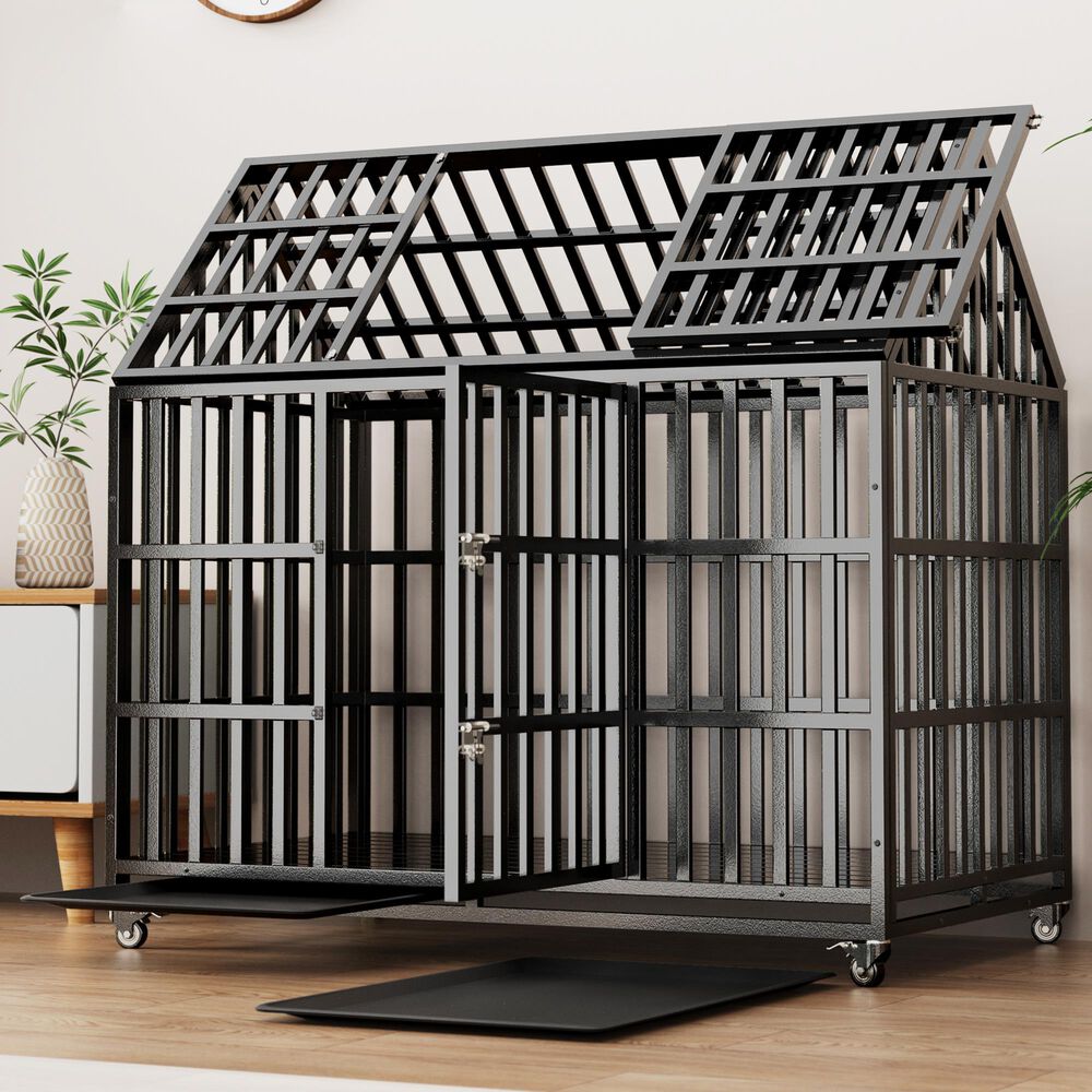 HOMLUX 52" Heavy Duty Dog Cage Pet Crate with Roof and Window on Roof in Black, , large