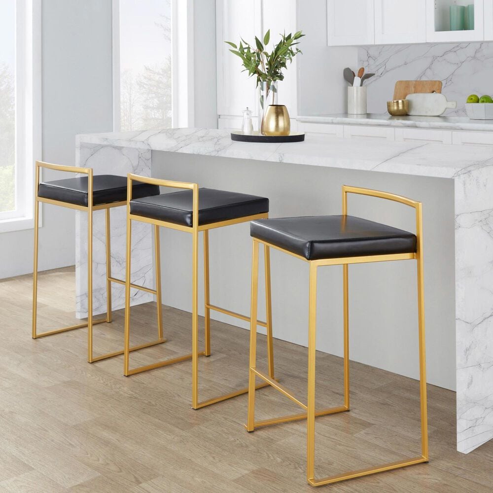 LumiSource Fuji 26" Stacker Counter Stool with Black Upholstery in Gold (Set of 2), , large