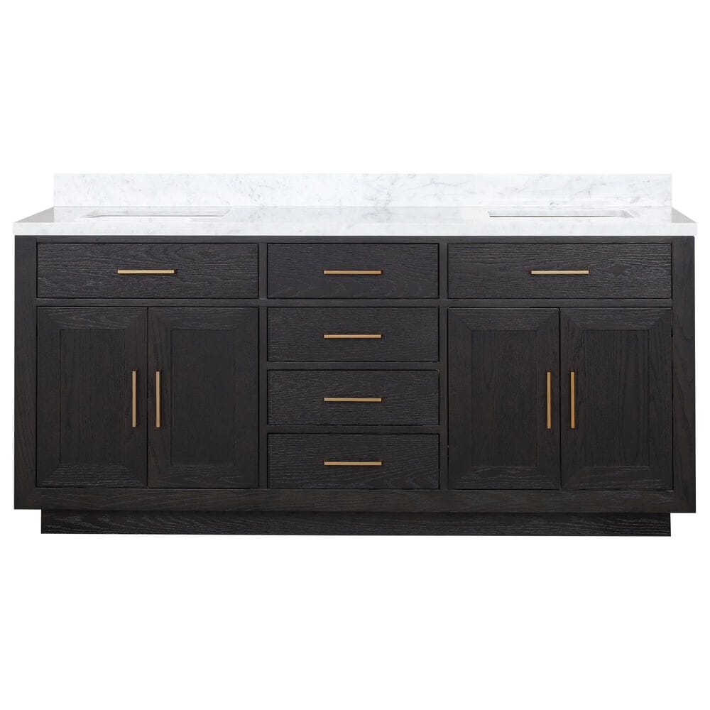 Lexora Home Abbey 72&quot; Double Bathroom Vanity in Black Oak with 2 cm White Carrara Marble Top and Rectangular Sinks, , large