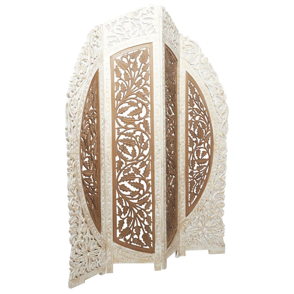 Maple and Jade 4-Panel Partition Room Divider Screen with Carved Designs in Brown and White, , large