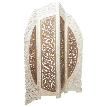 Maple and Jade 4-Panel Partition Room Divider Screen with Carved Designs in Brown and White, , large