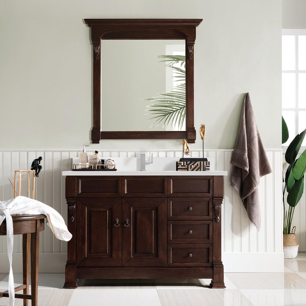 James Martin Vanities Brookfield 48&quot; Single Bathroom Vanity in Burnished Mahogany with Single Hole 3 cm White Zeus Quartz Top and Rectangular Sink, , large