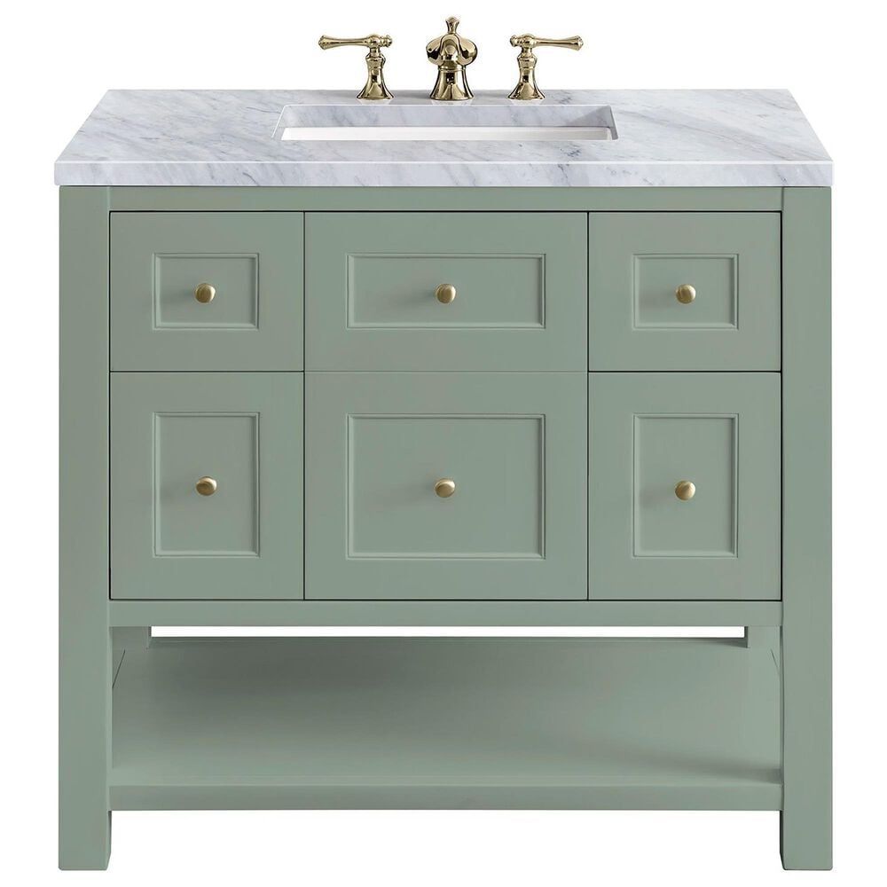 James Martin Vanities Breckenridge 36" Single Bathroom Vanity in Smokey Celadon with 3 cm Carrara White Marble Top and Rectangular Sink, , large