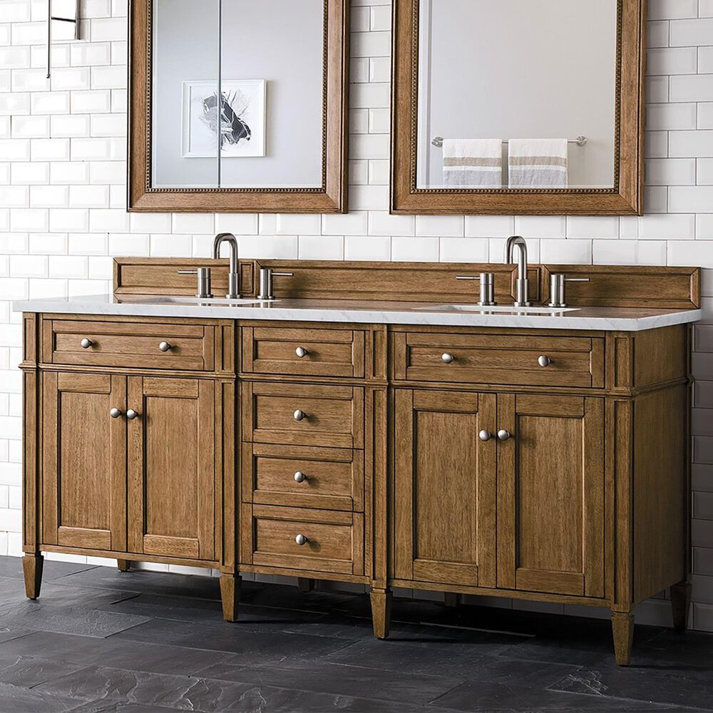 James Martin Vanities Brittany 72" Double Bathroom Vanity in Saddle Brown with 3 cm Eternal Jasmine Pearl Quartz Top and Rectangular Sink, , large