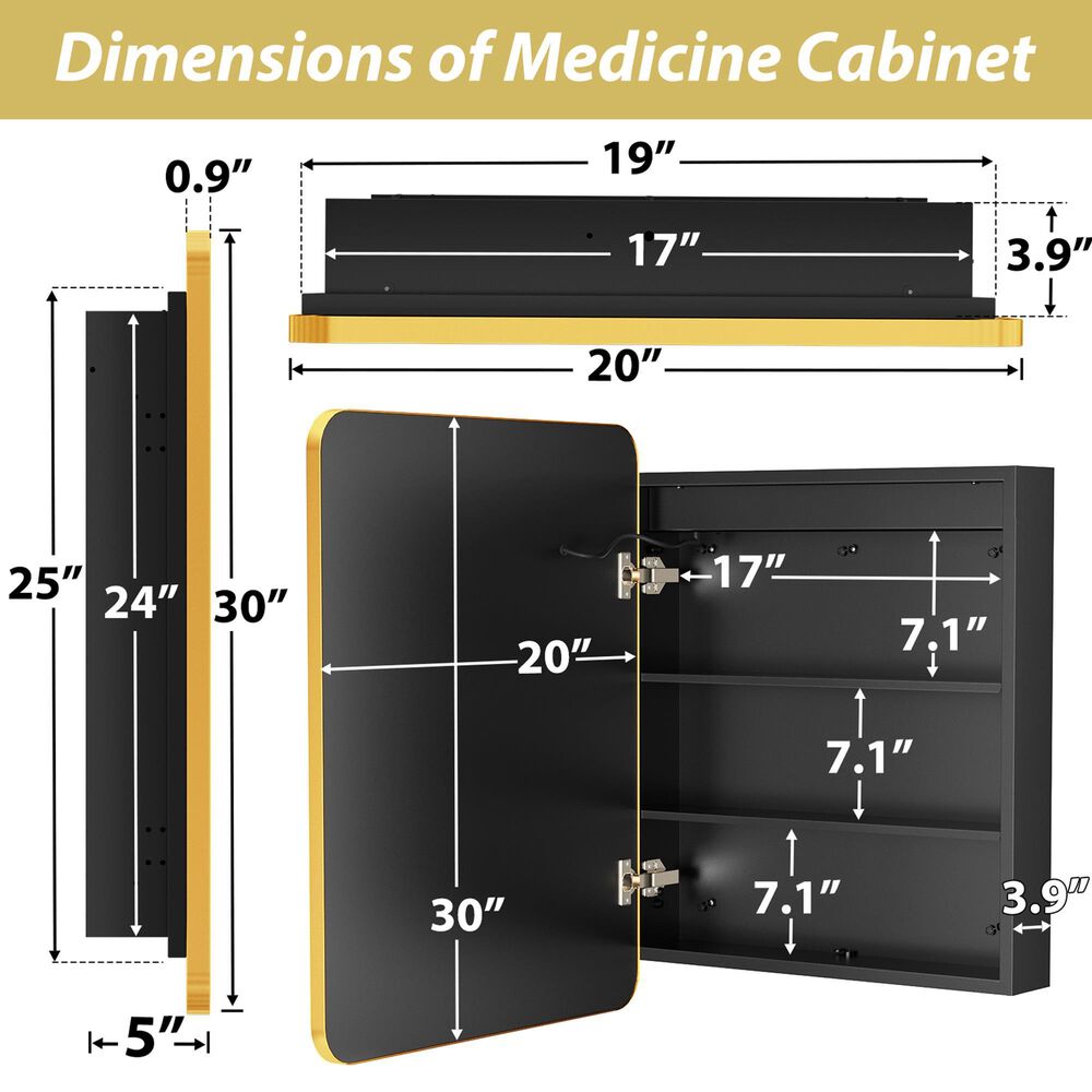 HOMLUX 20" x 30" Bathroom Medicine Cabinet with Mirror in Gold, , large