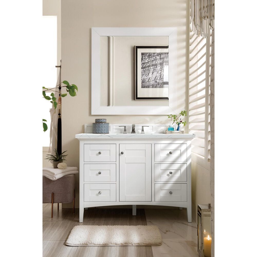 James Martin Vanities Palisades 48&quot; Single Bathroom Vanity in Bright White with 3 cm Ethereal Noctis Quartz Top and Rectangular Sink, , large