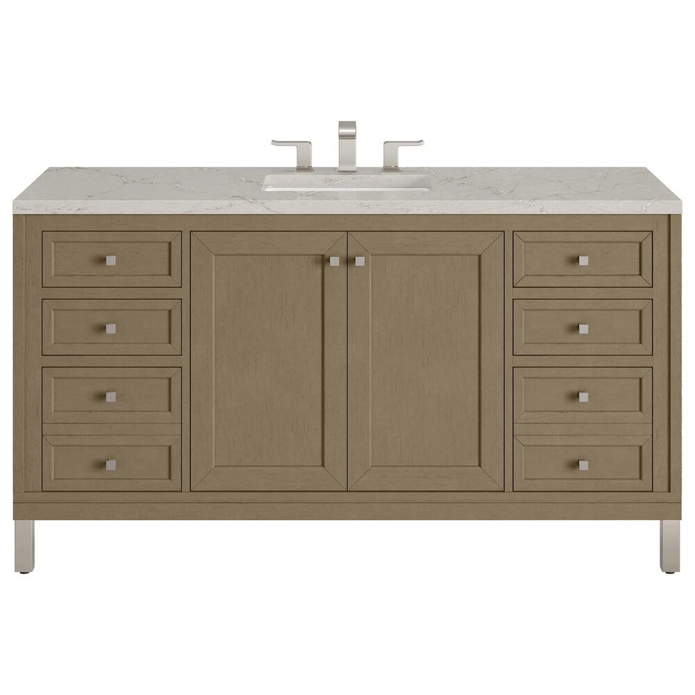 James Martin Vanities Chicago 60" Single Bathroom Vanity in Walnut Whisper with 3 cm Victorian Silver Quartz Top, Rectangular Sink and FreePower Wireless Charger, , large