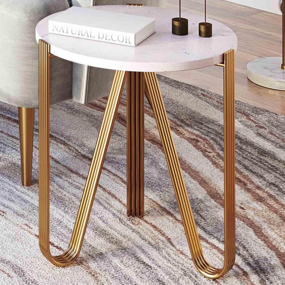 Tov Furniture Aya Side Table in White Marble and Gold, , large