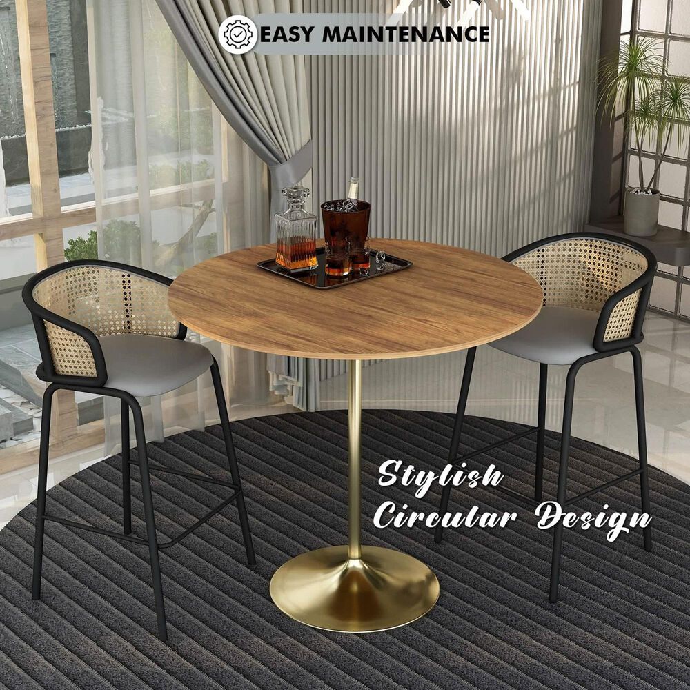 Leisuremod LeisureMod Verve Collection Modern Bar Height Table Brushed Gold Base with 48 Round Cognac Brown MDF Top, , large
