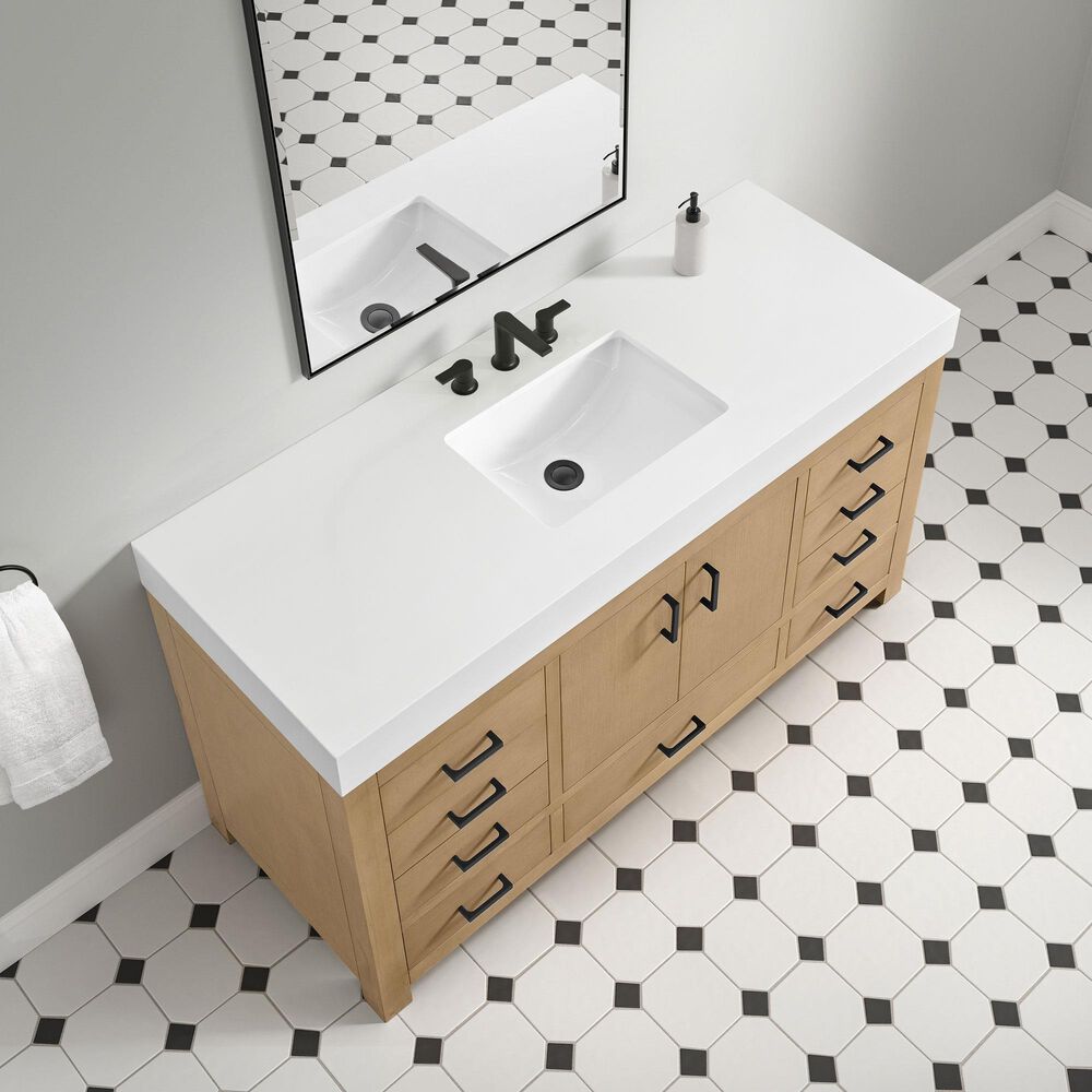 37B Alanya 60" Single Bathroom Vanity in Warm Oak with White Composite Stone Top, , large