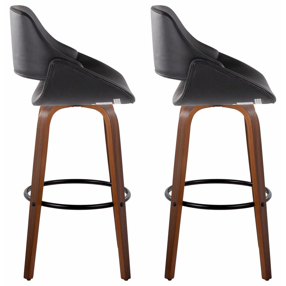 LumiSource Fabrico 30" Swivel Fixed-Height Bar Stool with Black Faux Leather Upholstery in Black and Walnut (Set of 2), , large