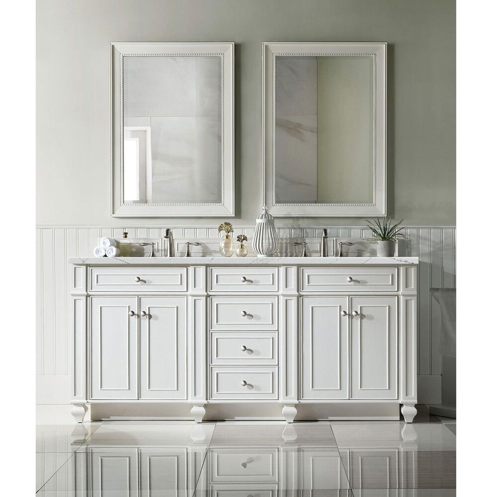 James Martin Vanities Bristol 72&quot; Double Bathroom Vanity in Bright White with 3 cm Carrara White Marble Top and Rectangular Sinks, , large