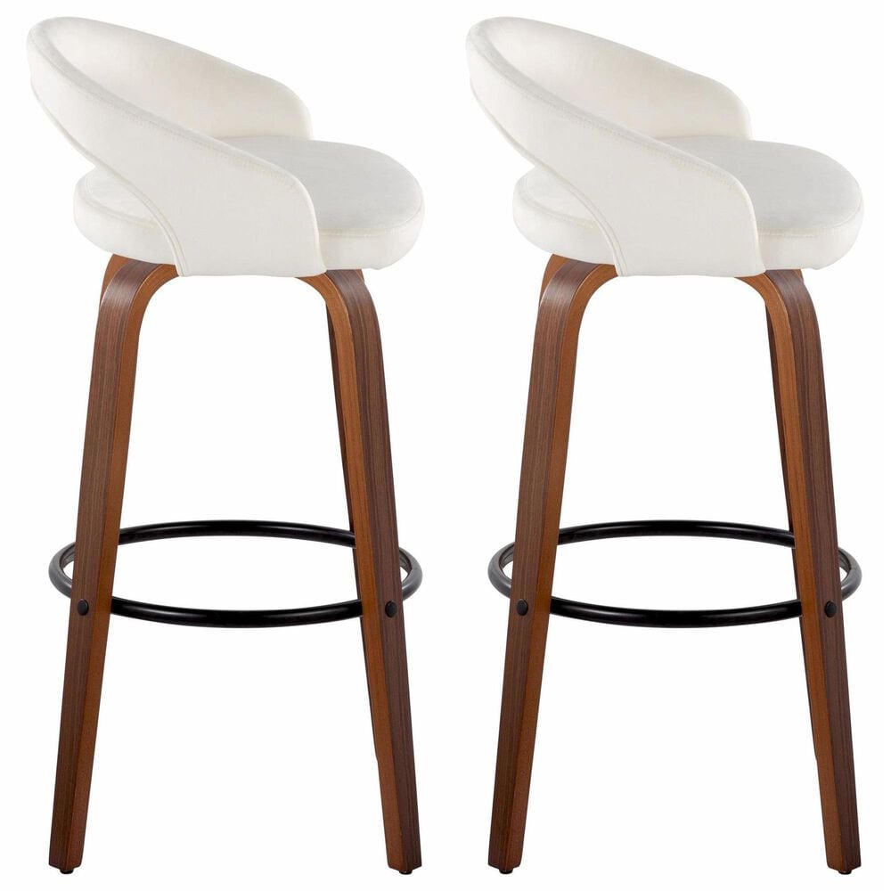 LumiSource Grotto Swivel Bar Stool with White Velvet Upholstery in Walnut Wood and Black (Set of 2), , large