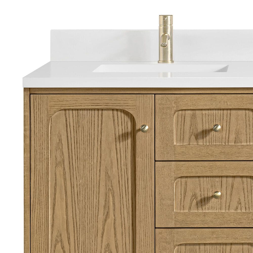 James Martin Vanities Laurent 60&quot; Double Bathroom Vanity in Light Natural Oak with Single Hole 3 cm White Zeus Quartz Top and Rectangular Sinks, , large