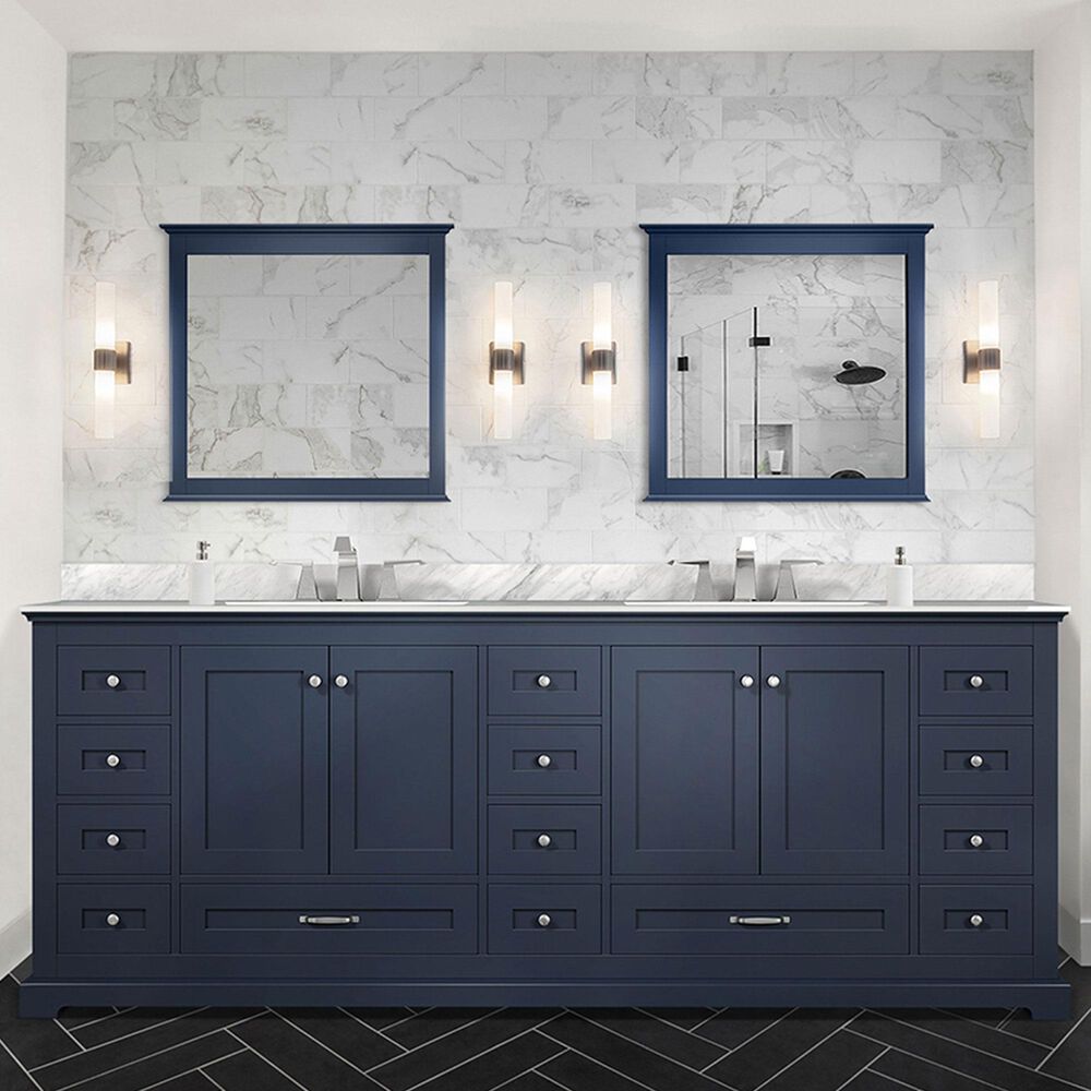 Lexora Home Dukes 84&quot; Double Bathroom Vanity in Navy Blue with 2 cm White Carrara Marble Top and Rectangular Sinks, , large