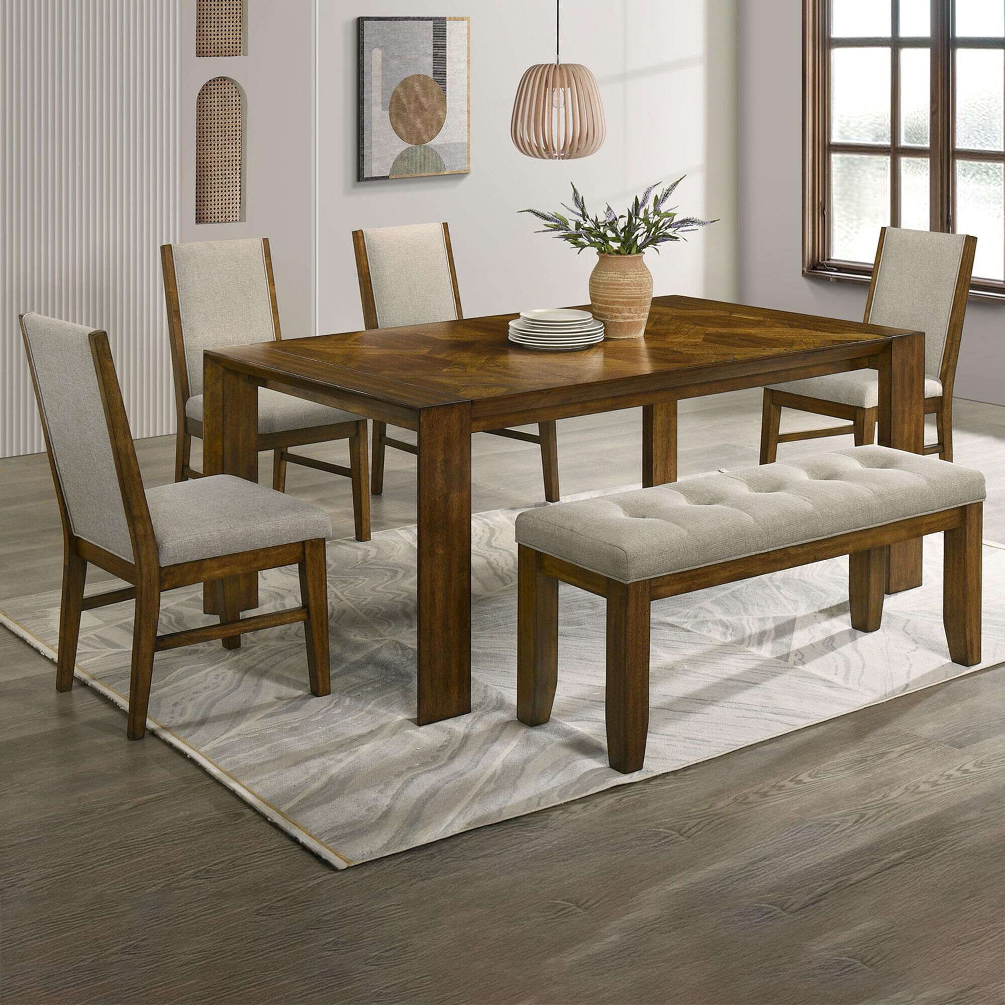 地域配送‼️木製　座椅子　ブラウン10脚セットW390×D470×H430 Crown Mark Hollister 6-Piece Rectangular Dining Set in Brown