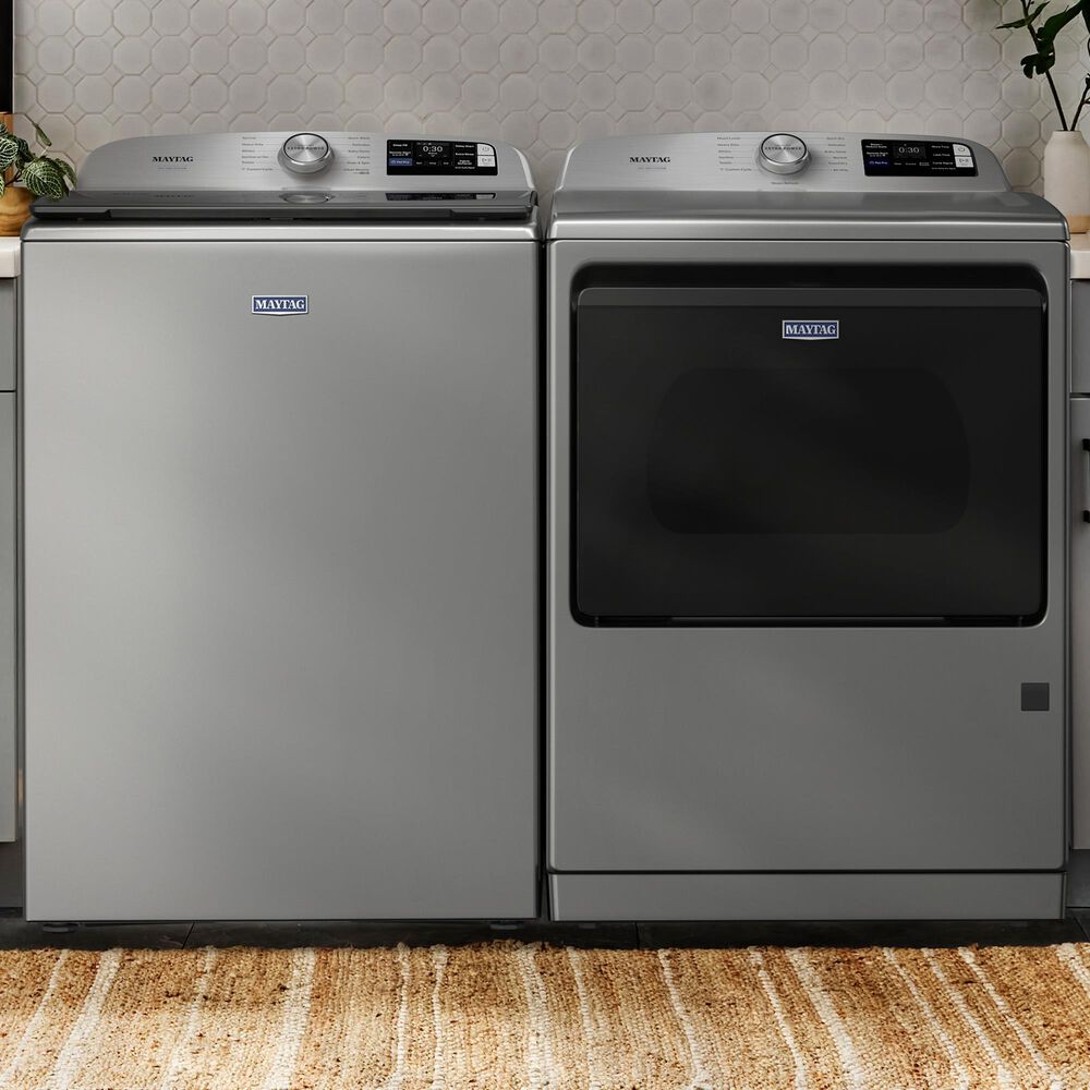 Maytag 5.2 Cu. Ft. Smart Pet Pro Top Load Agitator Washer and 7.4 Cu. Ft. Smart Gas Top Load Dryer Laundry Pair in Classic Silver, , large