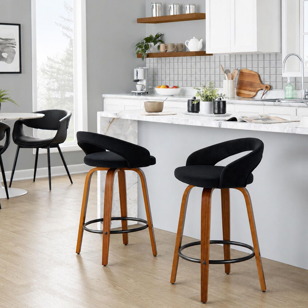 LumiSource Grotto Swivel Counter Stool with Black Velvet Upholstery in Walnut Wood and Black (Set of 2), , large