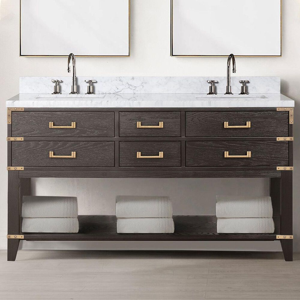 Lexora Home Norwalk 60&quot; Double Bathroom Vanity in Brown Oak with White Carrara Marble Top and Rectangular Sinks, , large