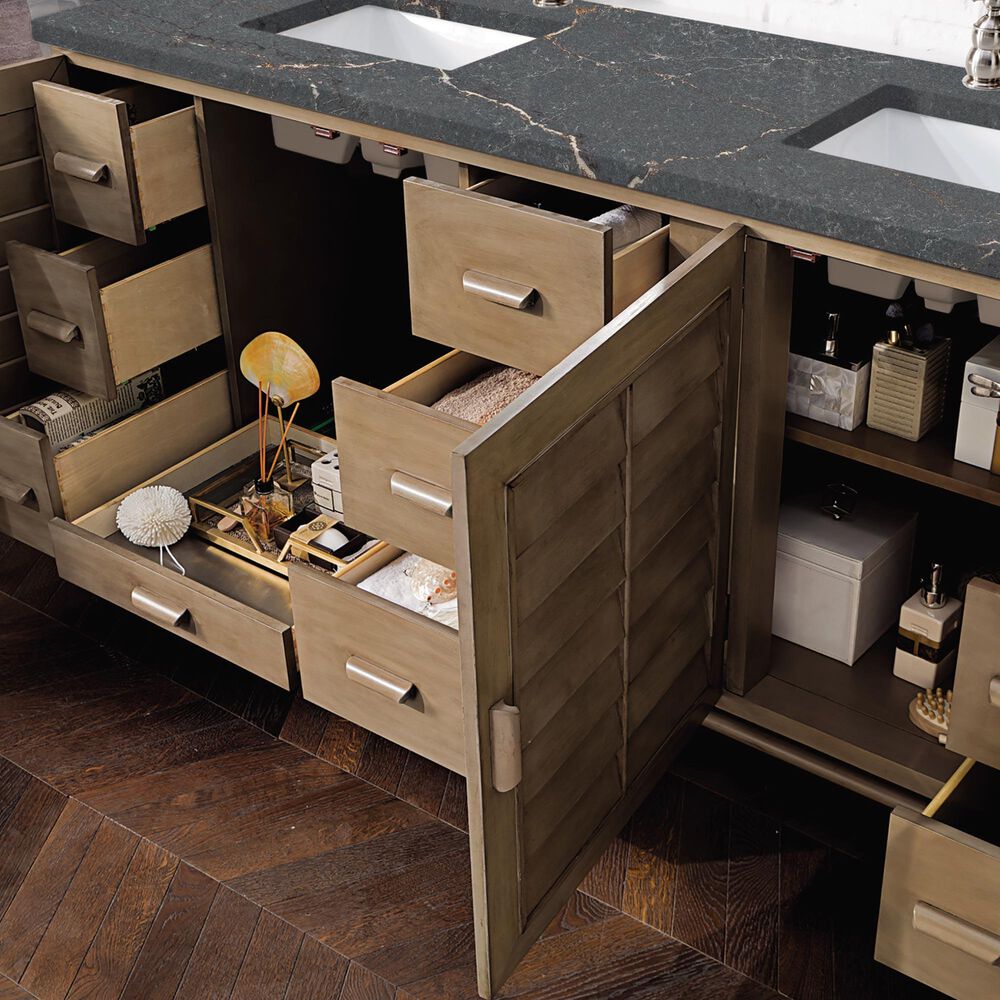 James Martin Vanities Portland 72" Double Bathroom Vanity in Whitewashed Walnut with 3 cm Parisien Bleu Quartz Top and Rectangular Sinks, , large