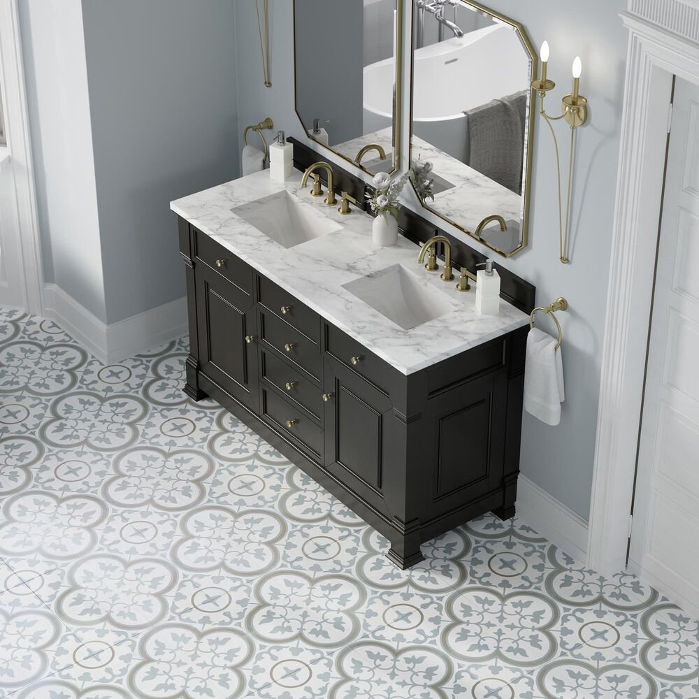 James Martin Vanities Brookfield 60&quot; Double Bathroom Vanity in Black Onyx with 3 cm Carrara White Marble Top and Rectangular Sinks, , large