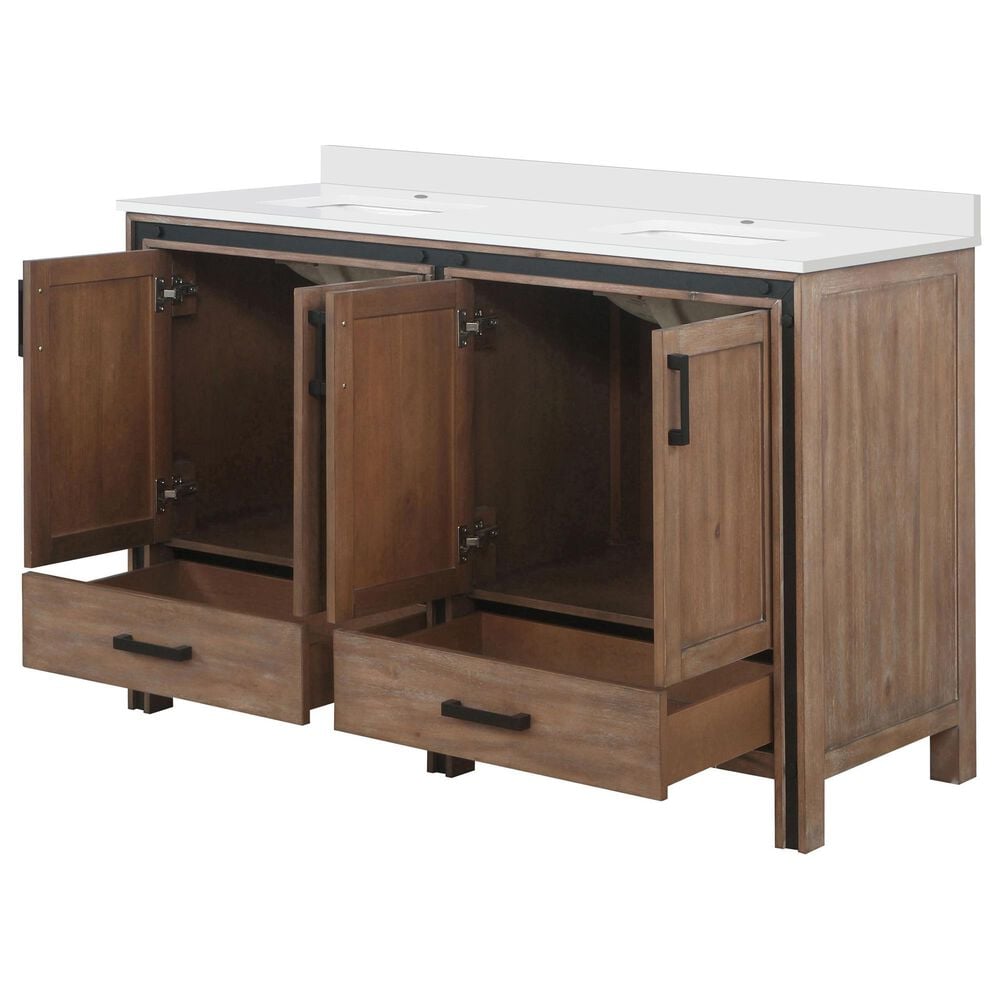 Lexora Home Ziva 60&quot; Double Bathroom Vanity in Rustic Barnwood with 2 cm White Quartz Top and Rectangular Sinks, , large