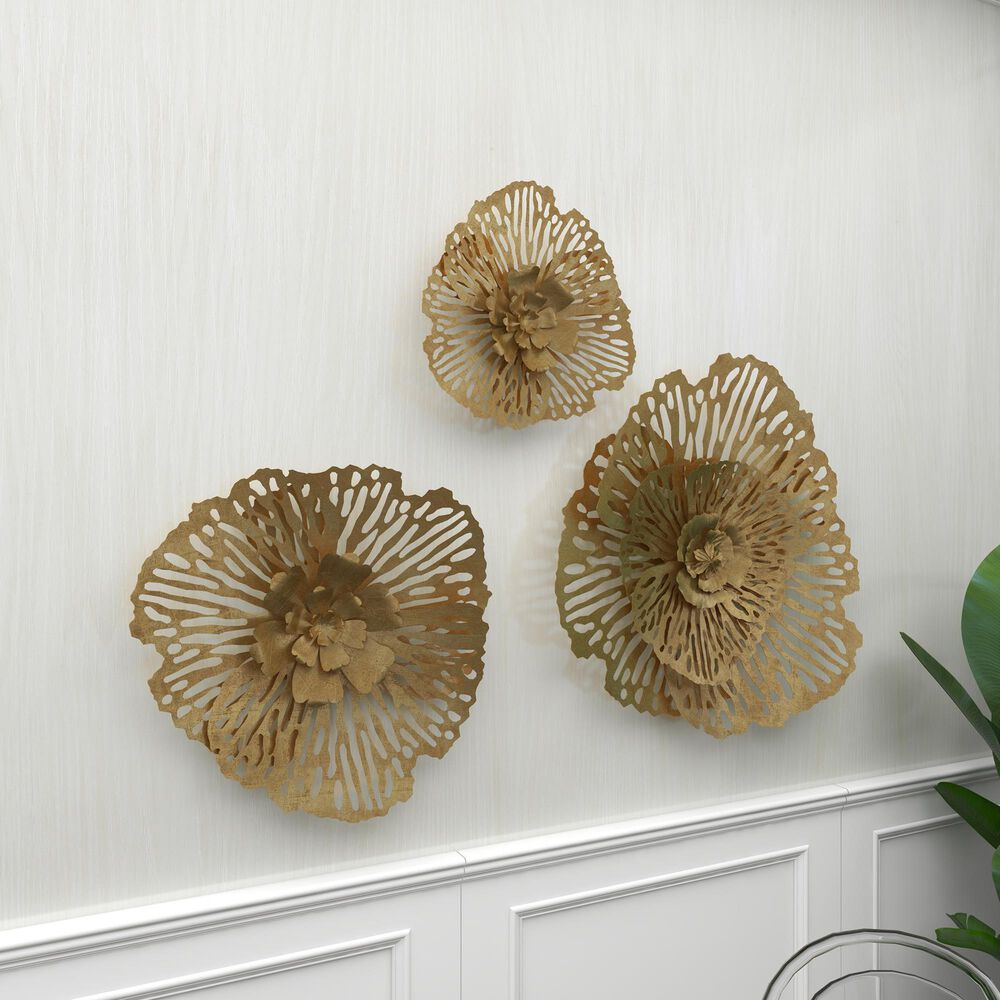 Maple and Jade 28.5&quot; x 28&quot; Glam Flowers Wall Decor in Gold &#40;Set of 3&#41;, , large