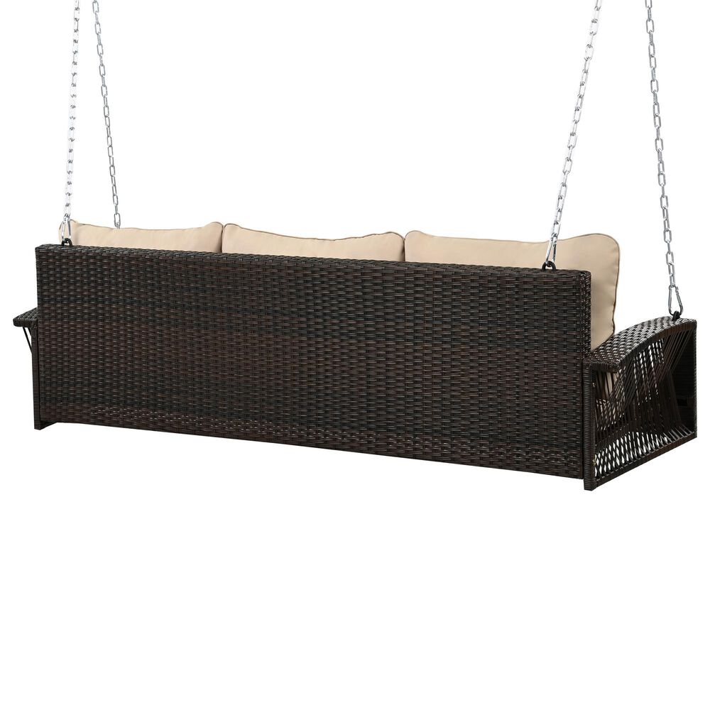 Hearth and Haven Go Outdoor 3-Seater PE Rattan Wicker Porch Swing Bench in Beige, , large
