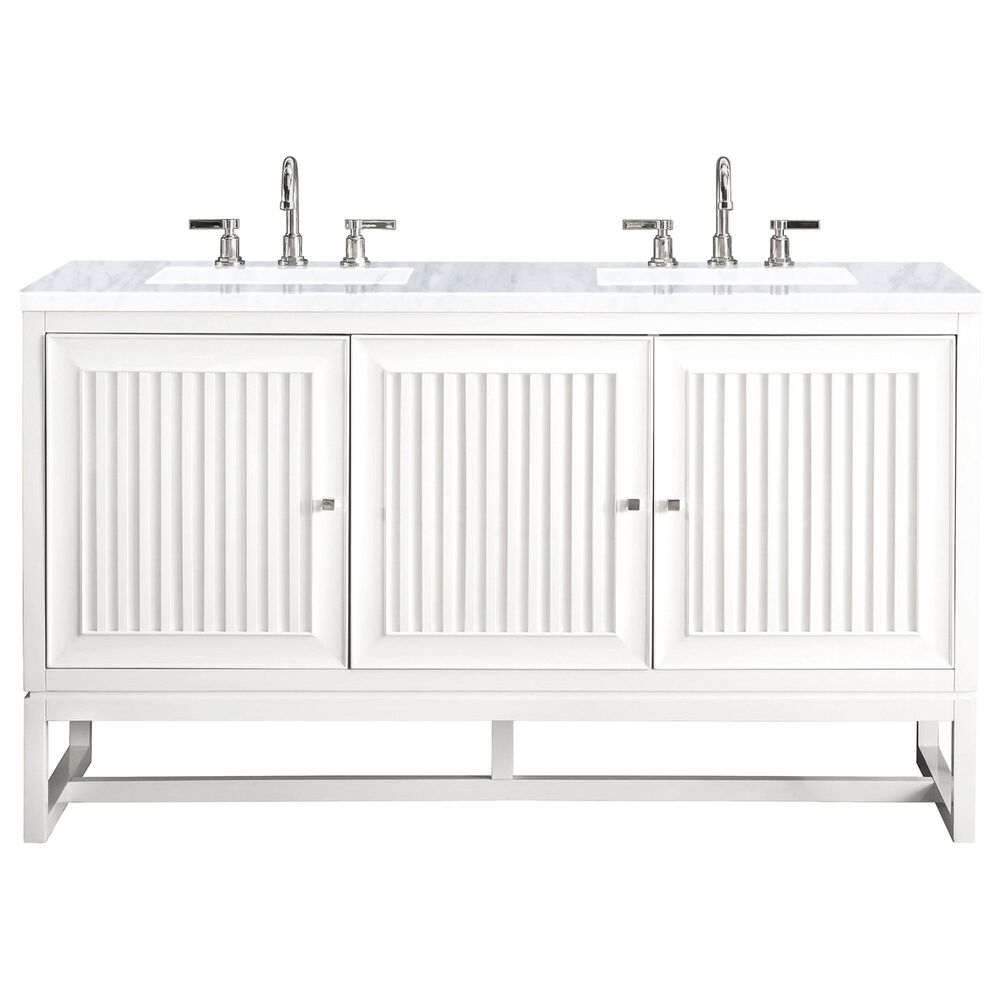 James Martin Vanities Athens 60" Double Bathroom Vanity in Glossy White with 3 cm Carrara White Marble Top and Rectangular Sinks, , large