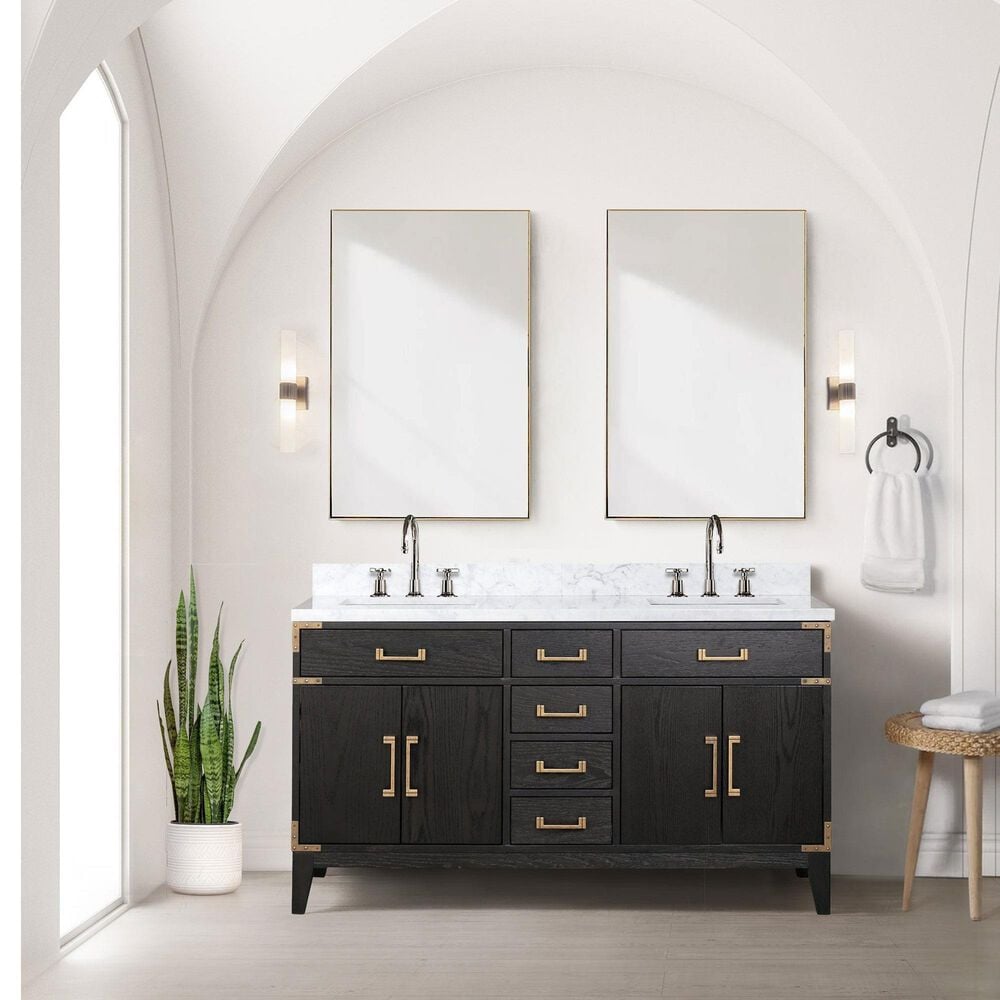 Lexora Home Laurel 60&quot; Double Bathroom Vanity in Black Oak with White Carrara Marble Top and Rectangular Sinks, , large