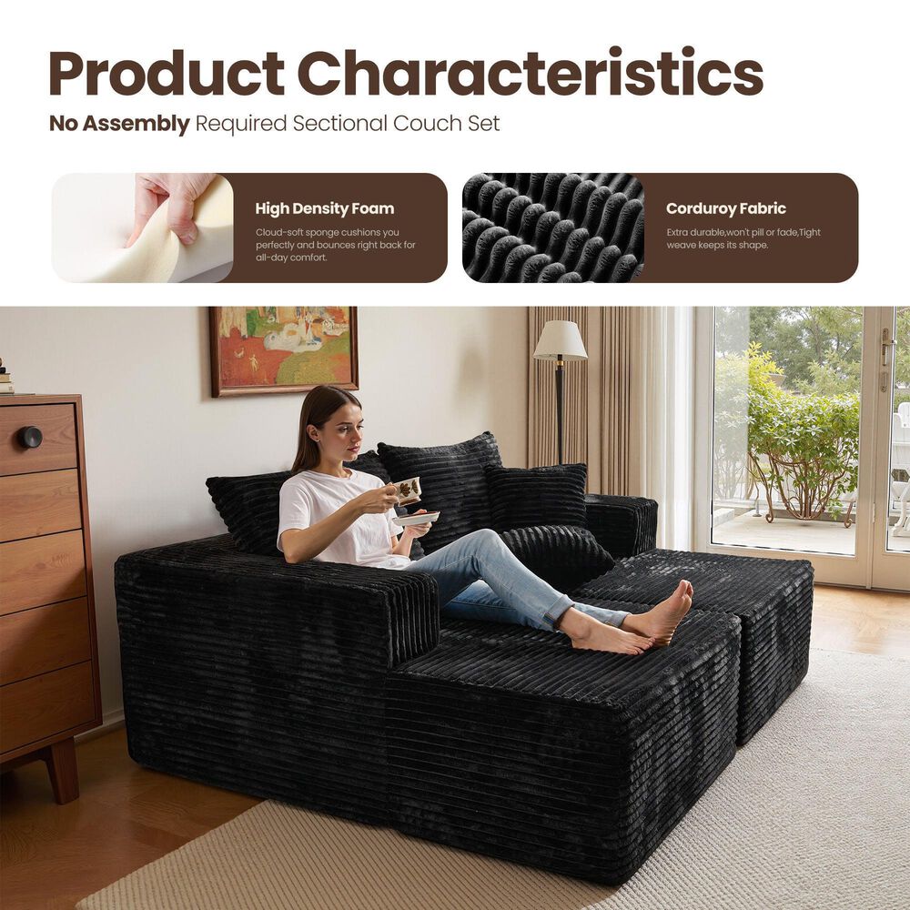 HOMLUX Sectional Sofa, with High Density Foam, Standard Plush Couch in Black, , large