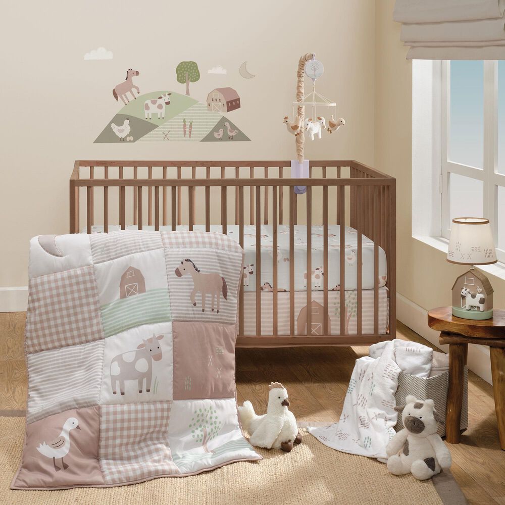 Lambs &amp; Ivy Farmyard 3-Piece Crib Bedding Set in Taupe, White and Sage Green, , large