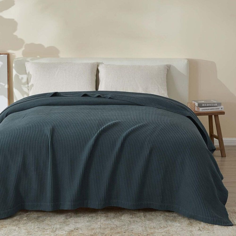 Trade Linker Full/Queen Waffle Weave Knit Throw Blanket in Indigo, , large