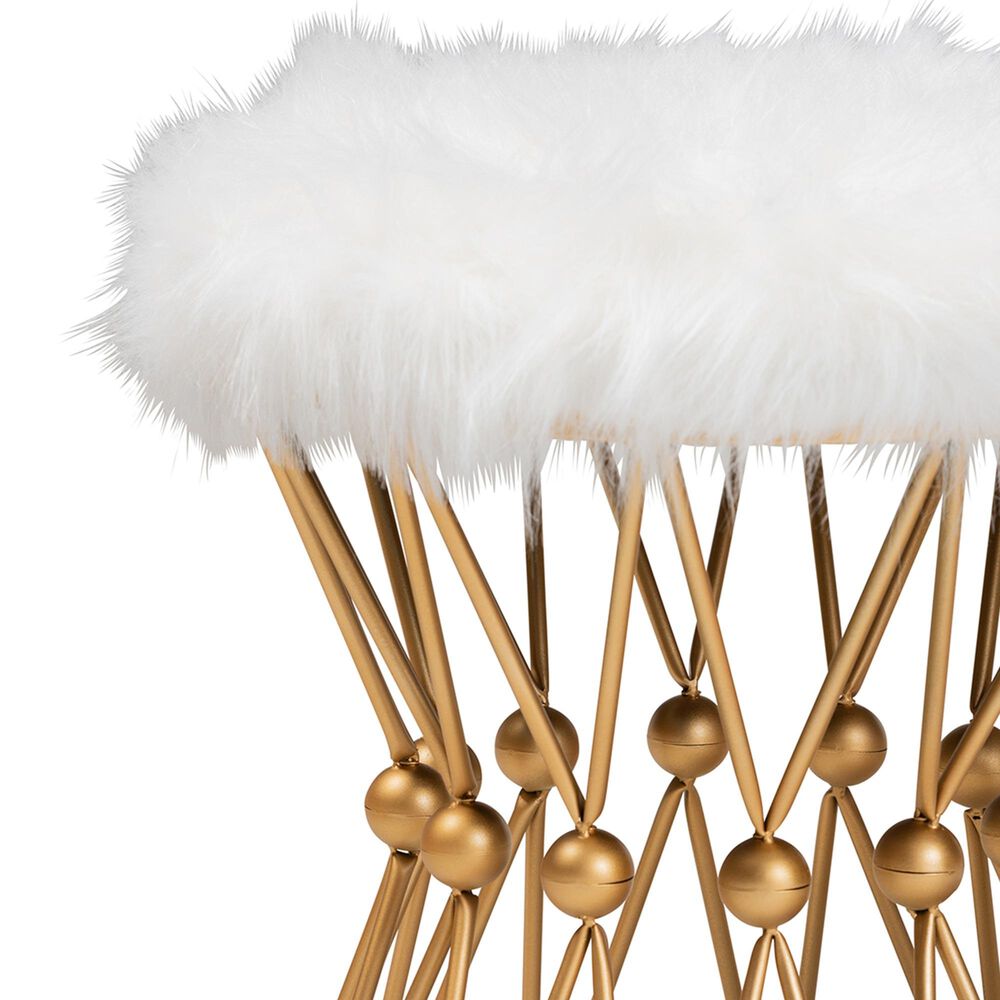 Baxton Studio Leonie Ottoman in White Faux Fur and Gold Finish, , large