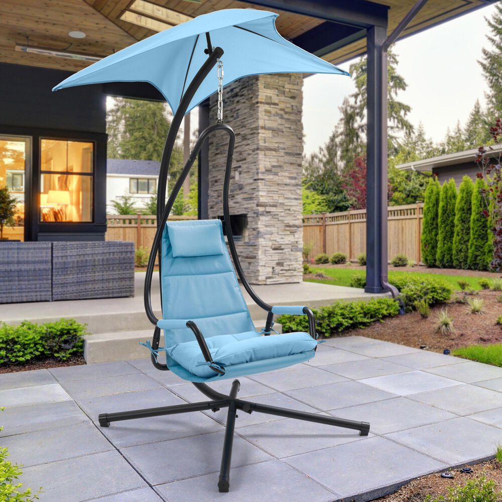 CorLiving Kingsley Chaise Lounge Chair with Canopy in Light Blue, , large