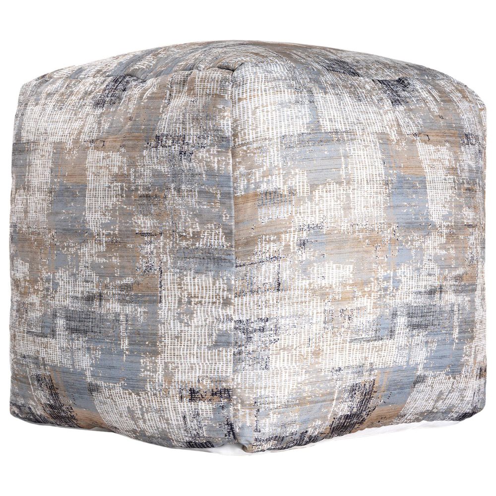 LR Home 18" Square Abstract Pouf in Taupe and Blue, , large
