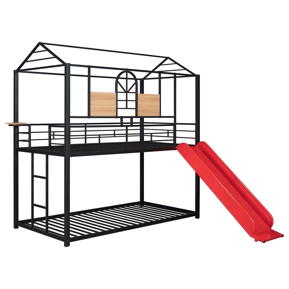 Hearth and Haven Twin over Twin House Bunk Bed with Built-in Slide in Black and Red, , large