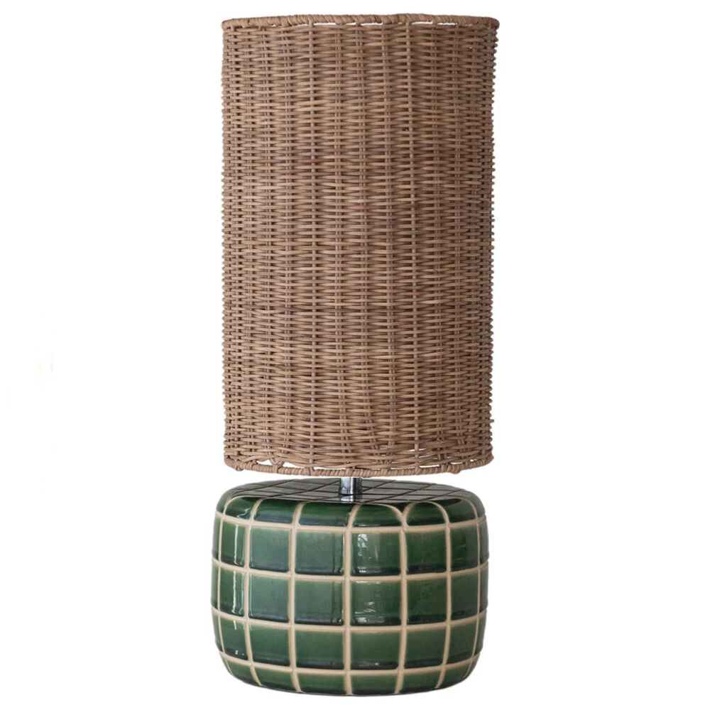 Teak Interiors Botanist Ceramic Tiled Table Lamp with Hand-Woven Rattan Shade in Green and Natural, , large