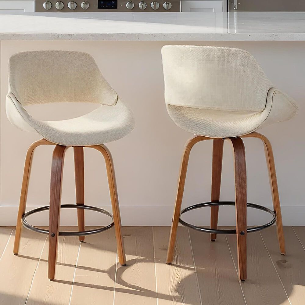 LumiSource Fabrico 26" Swivel Fixed-Height Counter Stool with Cream Noise Fabric Upholstery in Black and Walnut (Set of 2), , large