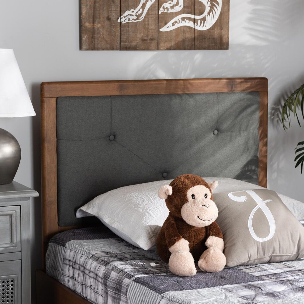 Baxton Studio Abner Twin Panel Headboard with Dark Grey Fabric in Walnut Brown, , large