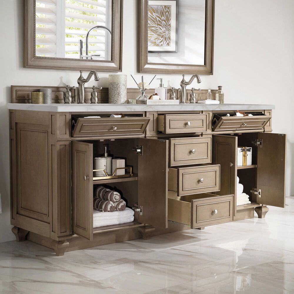 James Martin Vanities Bristol 72&quot; Double Bathroom Vanity in Whitewashed Walnut with 3 cm Victorian Silver Quartz Top and Rectangular Sinks, , large