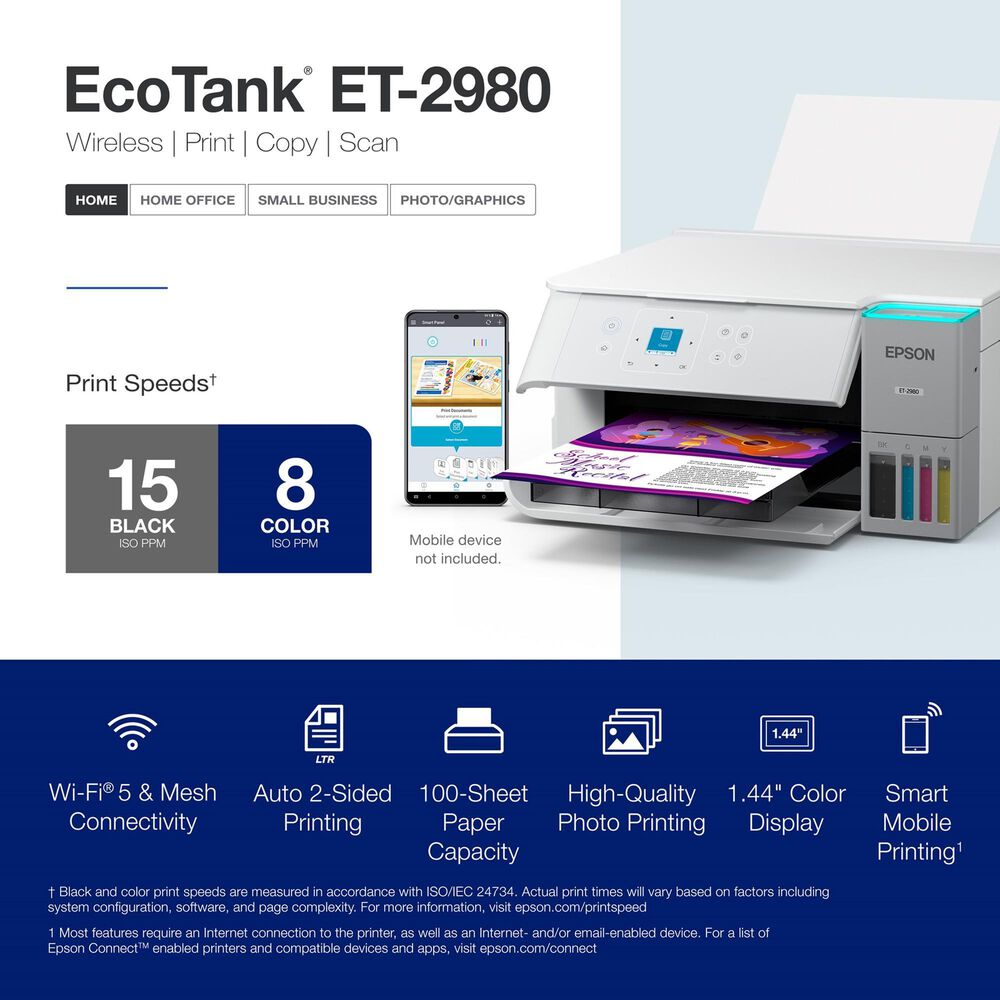 Epson EcoTank ET-2980 Wireless All-in-One Color Supertank Printer in White, , large