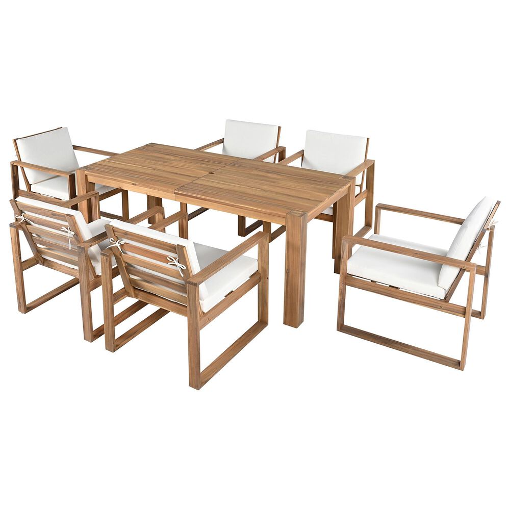 HOMLUX 7-Piece Patio Dining Set with 69" Rectangular Light Teak Table and Umbrella Hole in Beige, , large