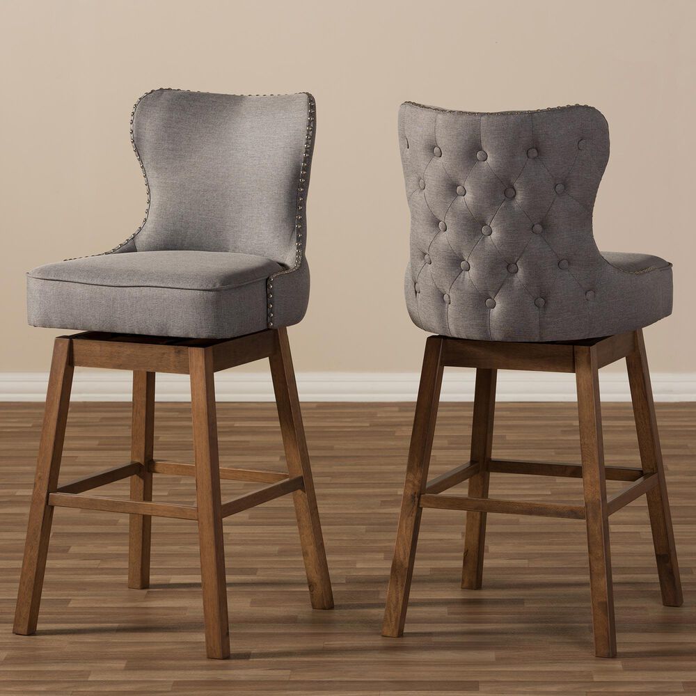 Baxton Studio Gradisca Swivel Bar Stool with Grey Cushion in Dark Walnut (Set of 2), , large
