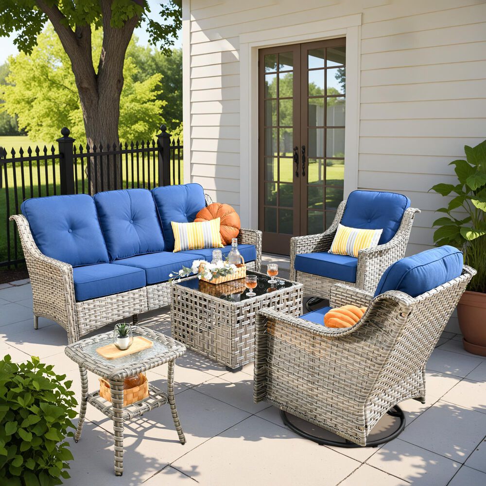 HOMLUX 5-Piece Outdoor Conversation Set with Solar Lighting Table in Navy Blue, , large