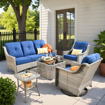 HOMLUX 5-Piece Outdoor Conversation Set with Solar Lighting Table in Navy Blue, , large