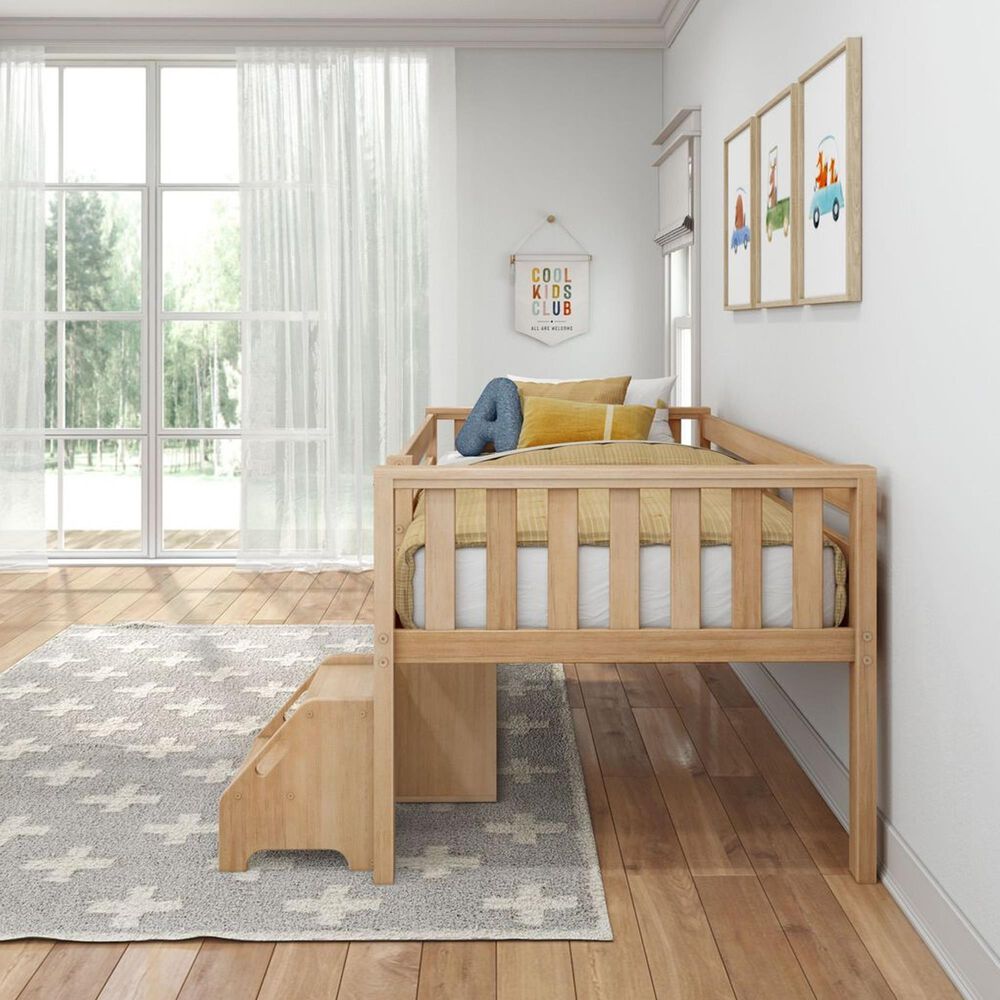 Birch Hollow Scandinavian Twin Low Loft Bed with Bookcase and Stepstool in Blonde, , large