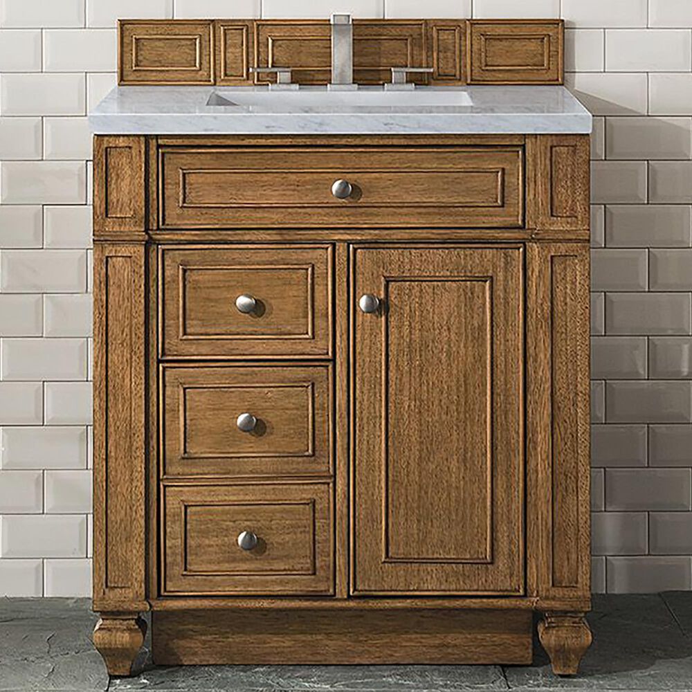 James Martin Vanities Bristol 30&quot; Single Bathroom Vanity in Saddle Brown with 3 cm Eternal Jasmine Pearl Quartz Top and Rectangular Sink, , large