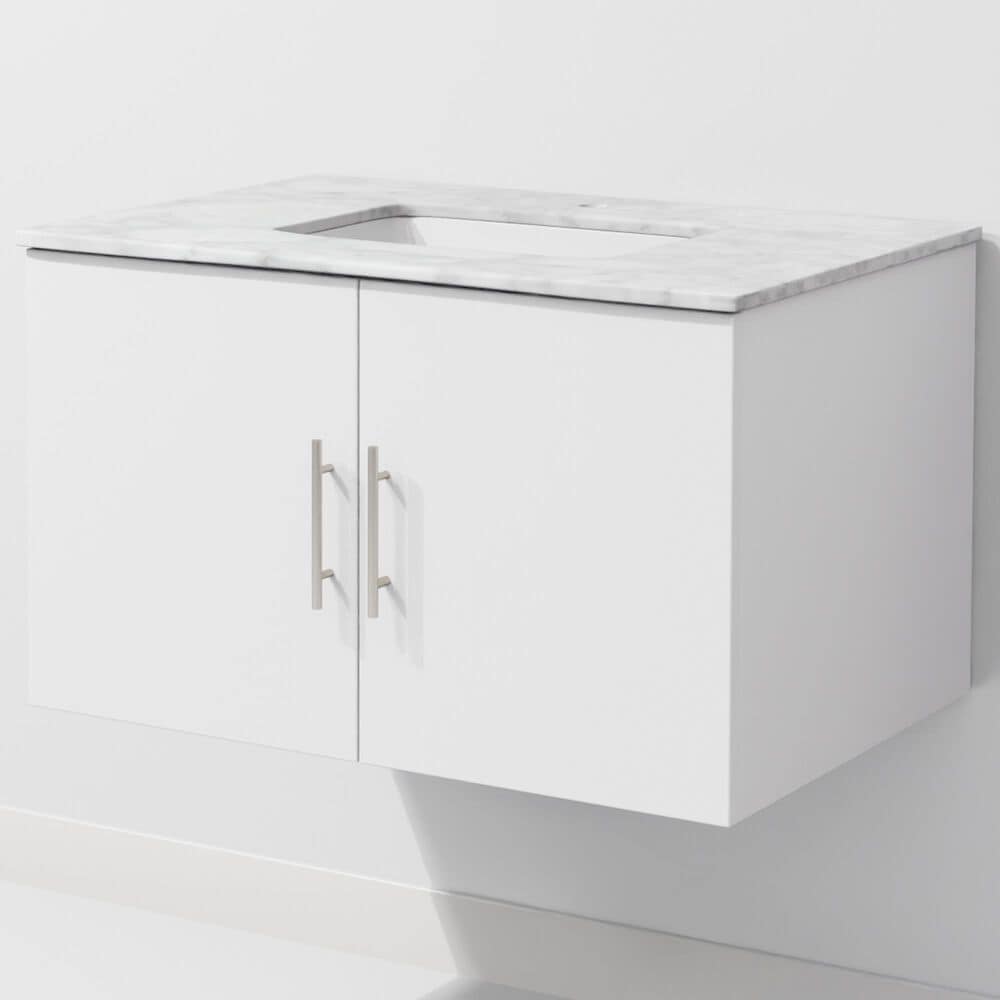 Lexora Home Geneva 30" Single Bathroom Vanity in Glossy White with 2 cm White Carrara Marble Top and Rectangular Sink, , large
